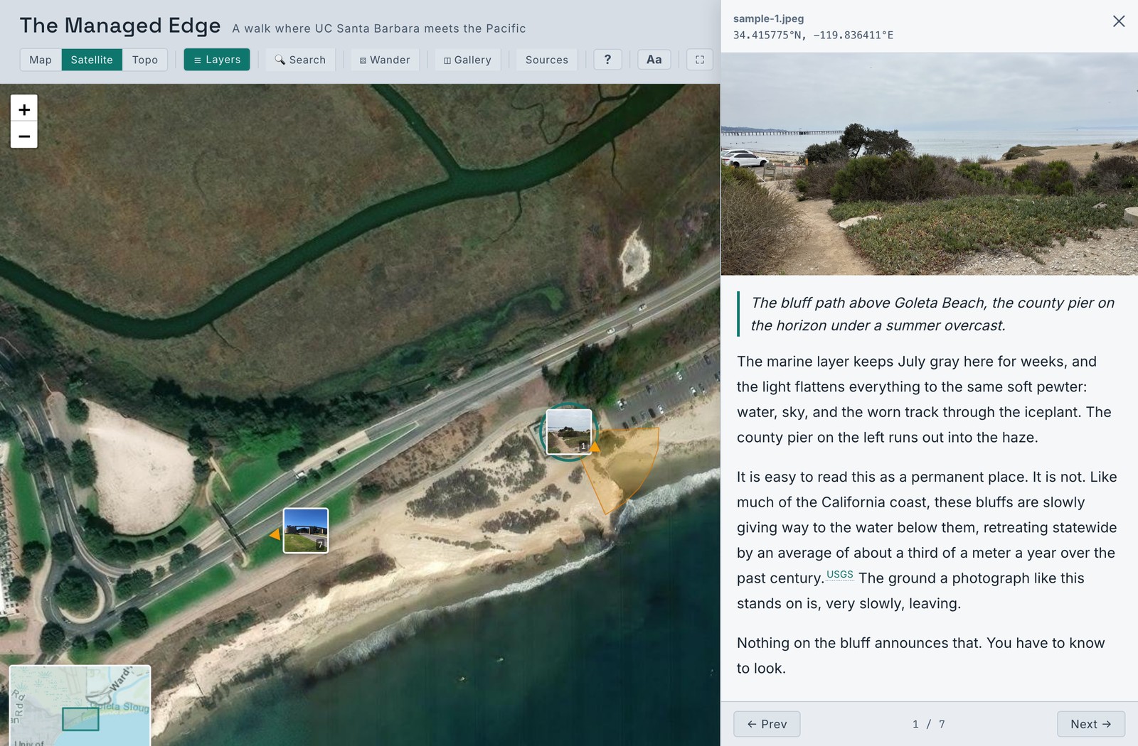 The example map, The Managed Edge: a satellite view of the UC Santa Barbara coast with photographs pinned along a bluff path, and a side panel showing one photograph with its caption, a narrative, and a citation.